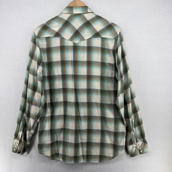 LUCKY BRAND Shirt Mens M Plaid Pearl Snap Front Western Double Layer Cotton Gray - Picture 3 of 15